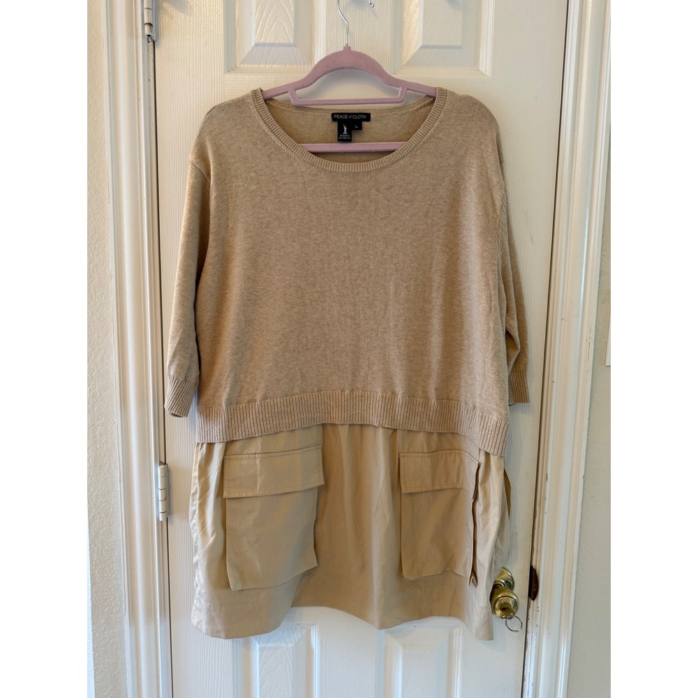Peace of Cloth L Beige Mixed Media Sweater‎ Tunic Dress Cargo Pockets Cashmere - Picture 2 of 10